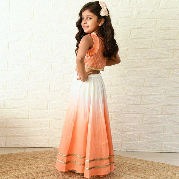 Ikeda Designs Crop Top with Lace and Ombre Lehenga- White and Peach - Totdot