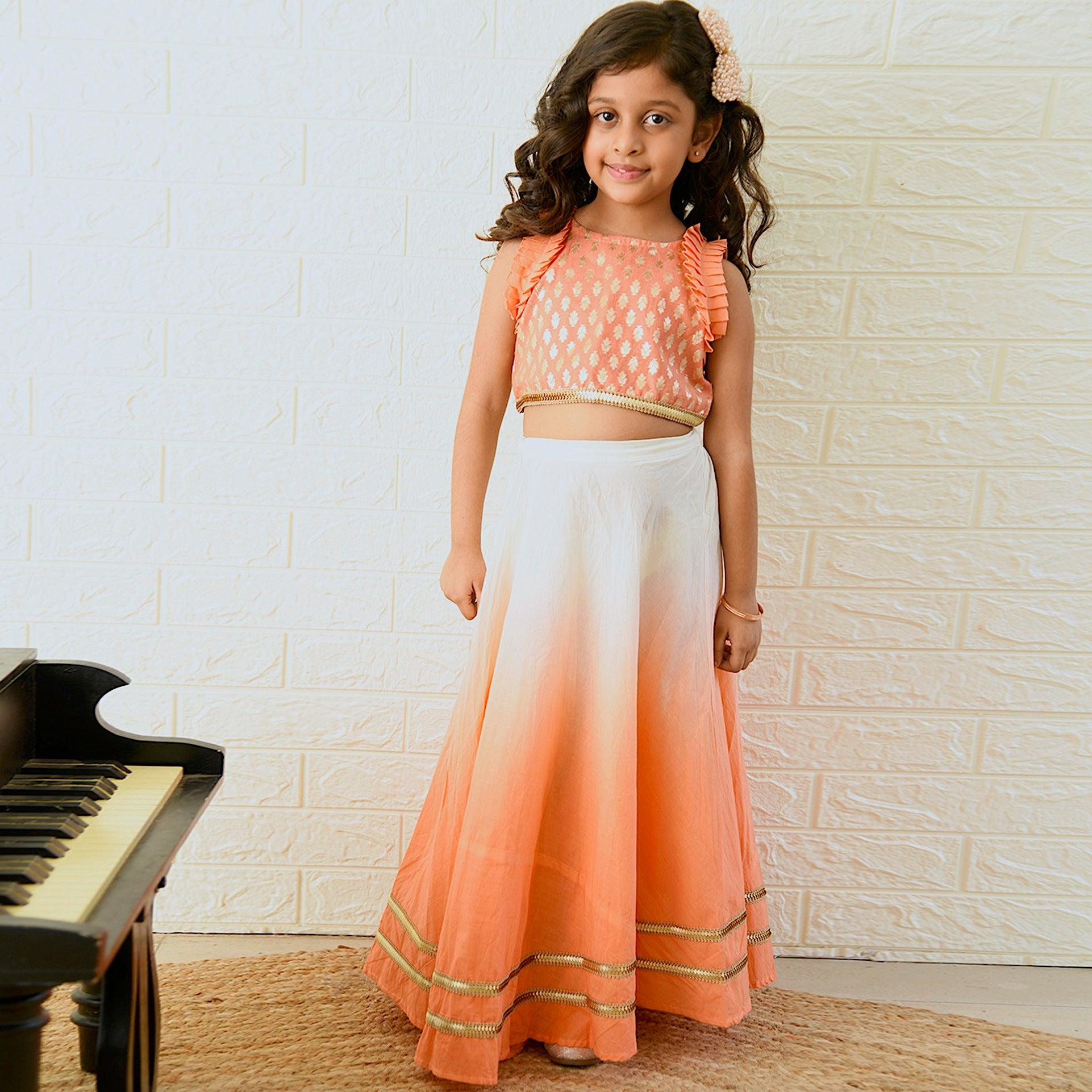 Ikeda Designs Crop Top with Lace and Ombre Lehenga- White and Peach - Totdot