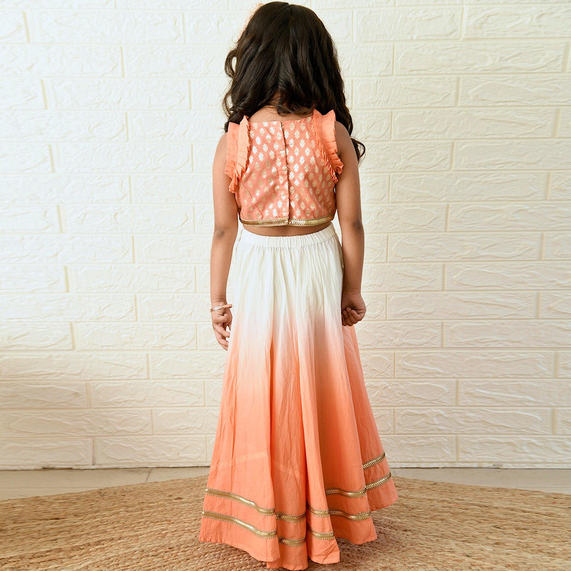 Ikeda Designs Crop Top with Lace and Ombre Lehenga- White and Peach - Totdot