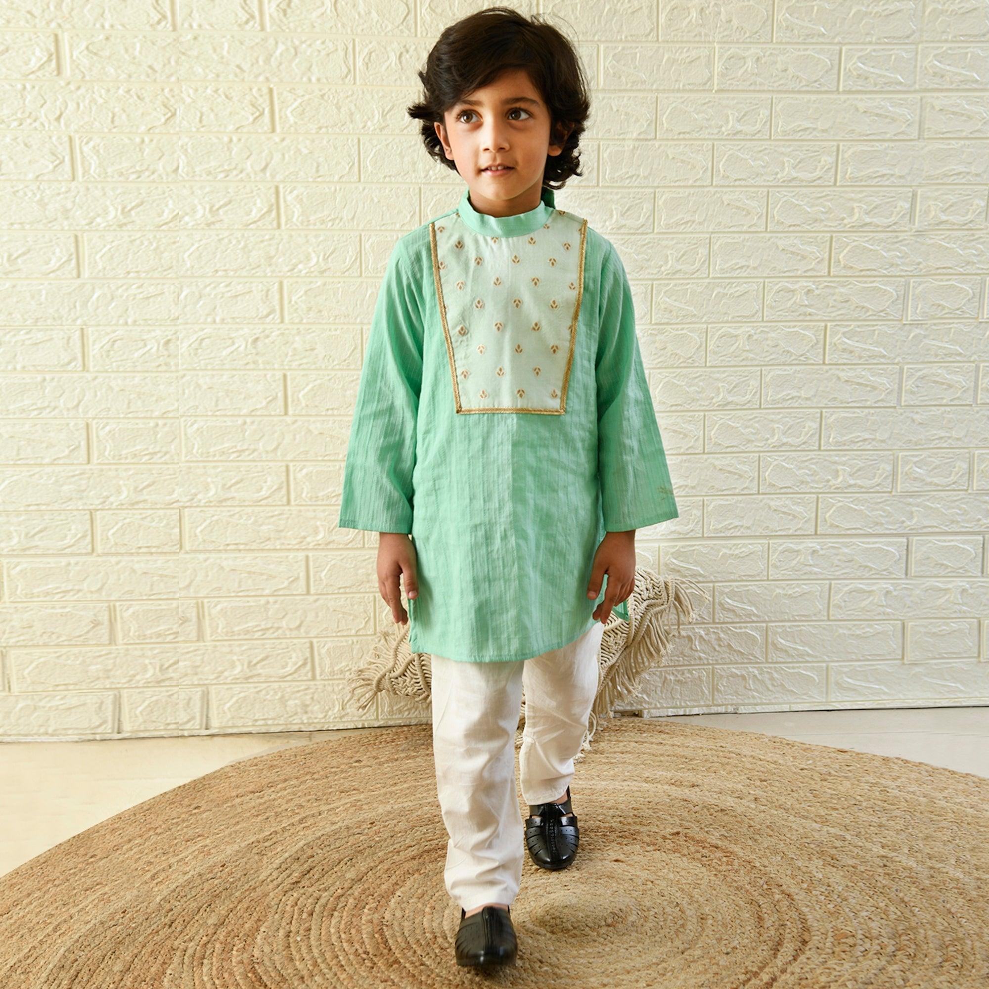 Ikeda Designs Full Sleeves Kurta with Banrasi Yoke with Pyjama - Sea Green - Totdot