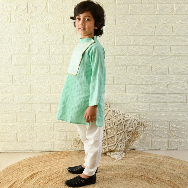 Ikeda Designs Full Sleeves Kurta with Banrasi Yoke with Pyjama - Sea Green - Totdot