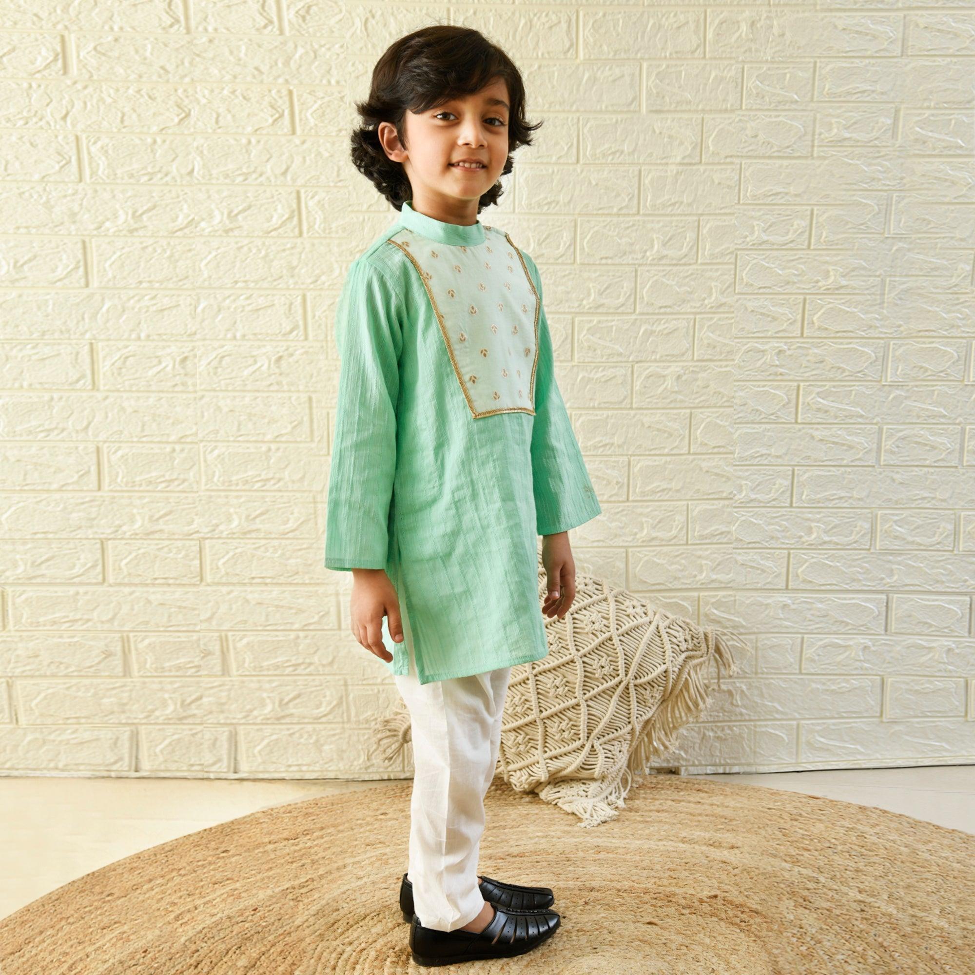 Ikeda Designs Full Sleeves Kurta with Banrasi Yoke with Pyjama - Sea Green - Totdot