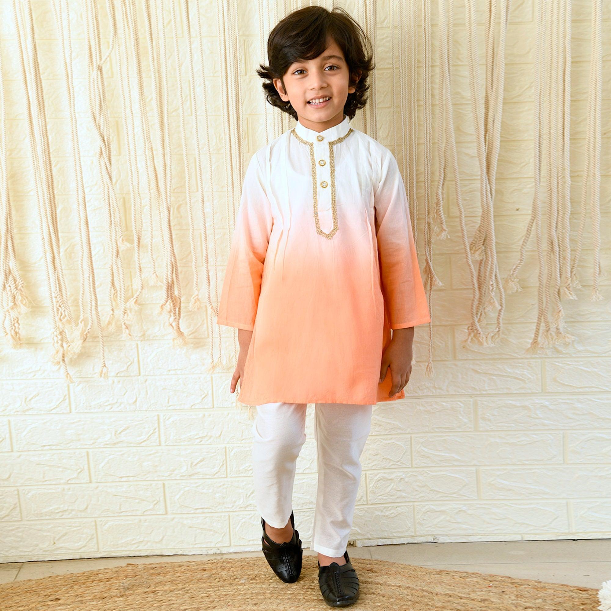 Ikeda Designs Full Sleeves Ombre Kurta with Pyjama - White and Peach - Totdot