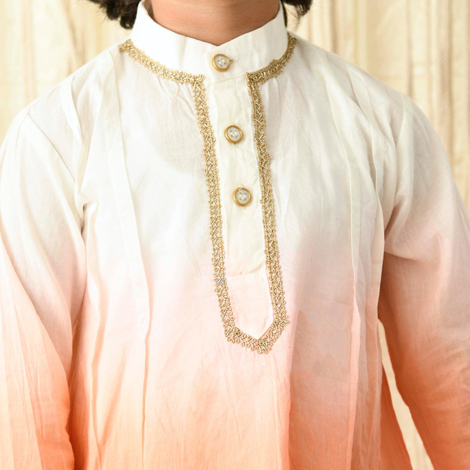 Ikeda Designs Full Sleeves Ombre Kurta with Pyjama - White and Peach - Totdot