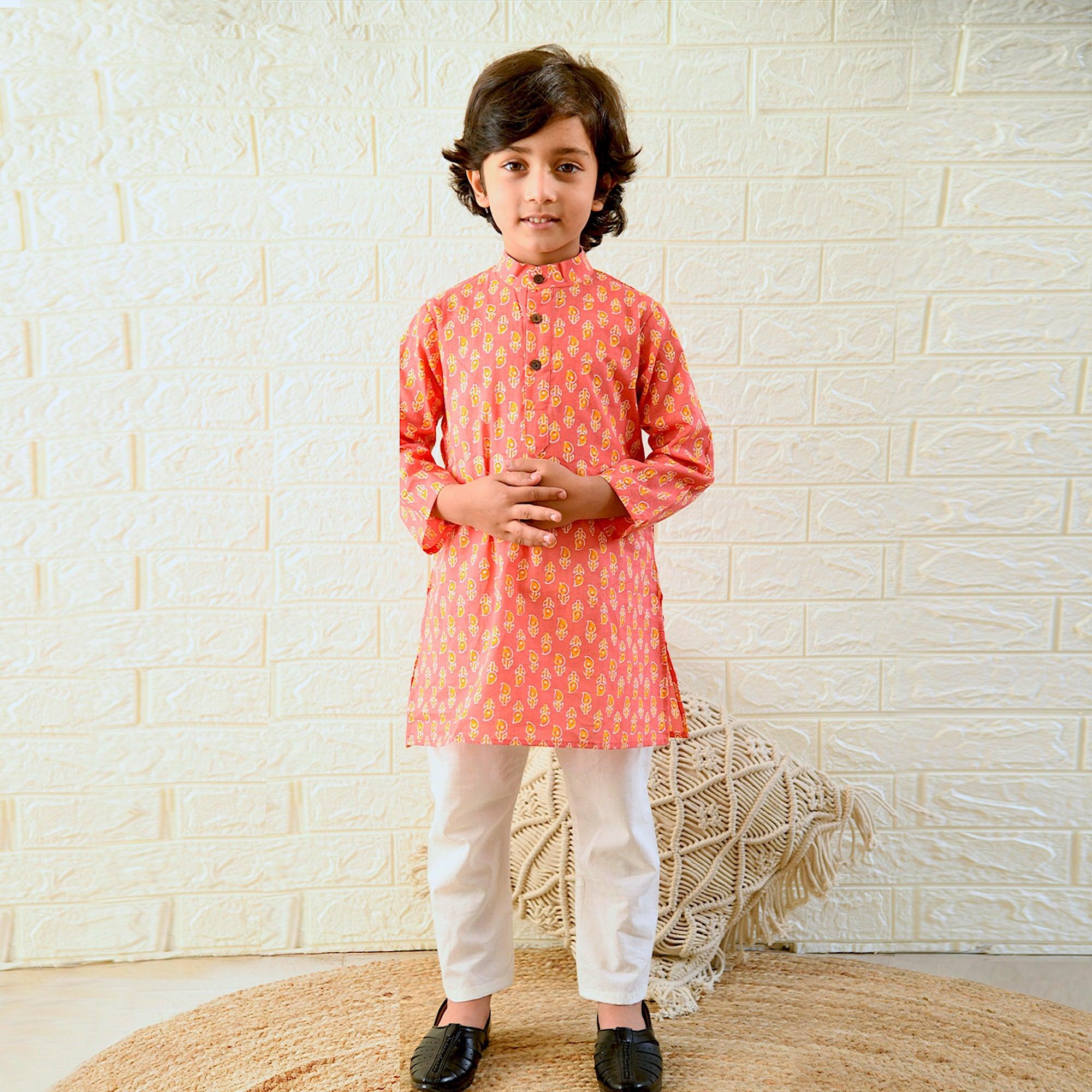 Ikeda Designs Full Sleeves Peach Buti Block printed Kurta with Pyjama - Peach - Totdot