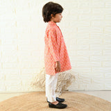 Ikeda Designs Full Sleeves Peach Buti Block printed Kurta with Pyjama - Peach - Totdot