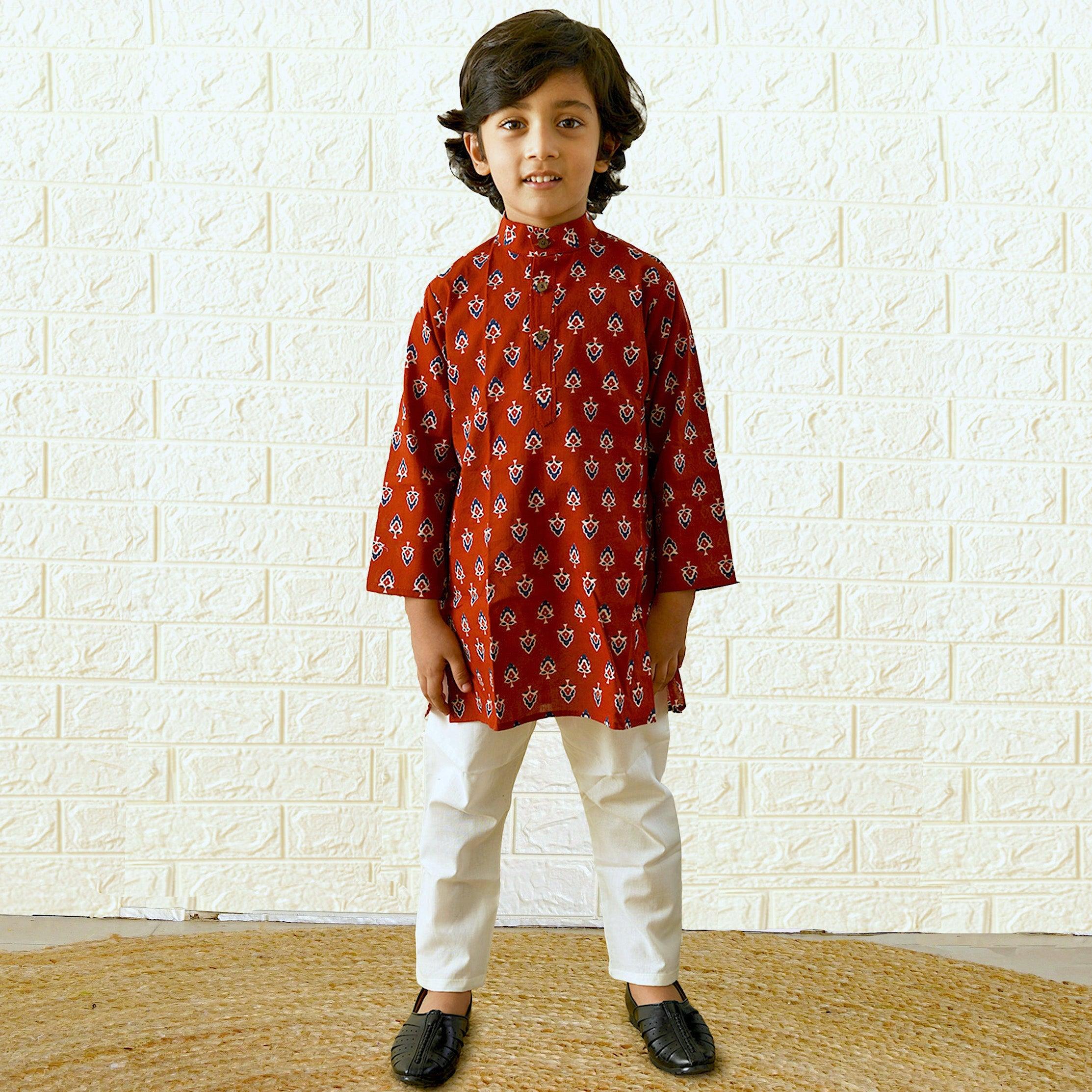 Ikeda Designs Full Sleeves Red Buti Block printed Kurta with Pyjama - Bagru Red - Totdot