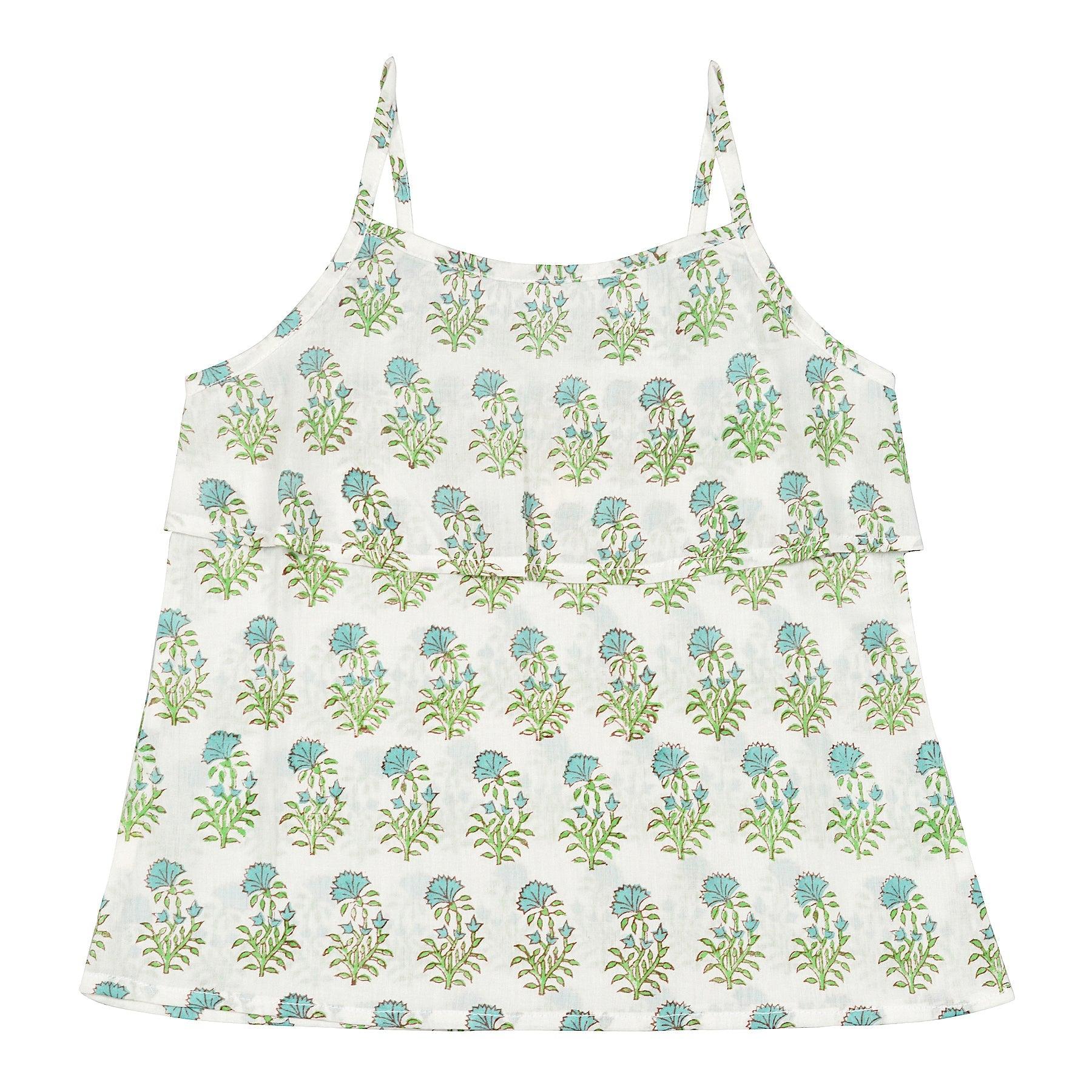 IKEDA DESIGNS GREEN BUTI PRINT SPAGHETTI TOP - WHITE & GREEN - Totdot