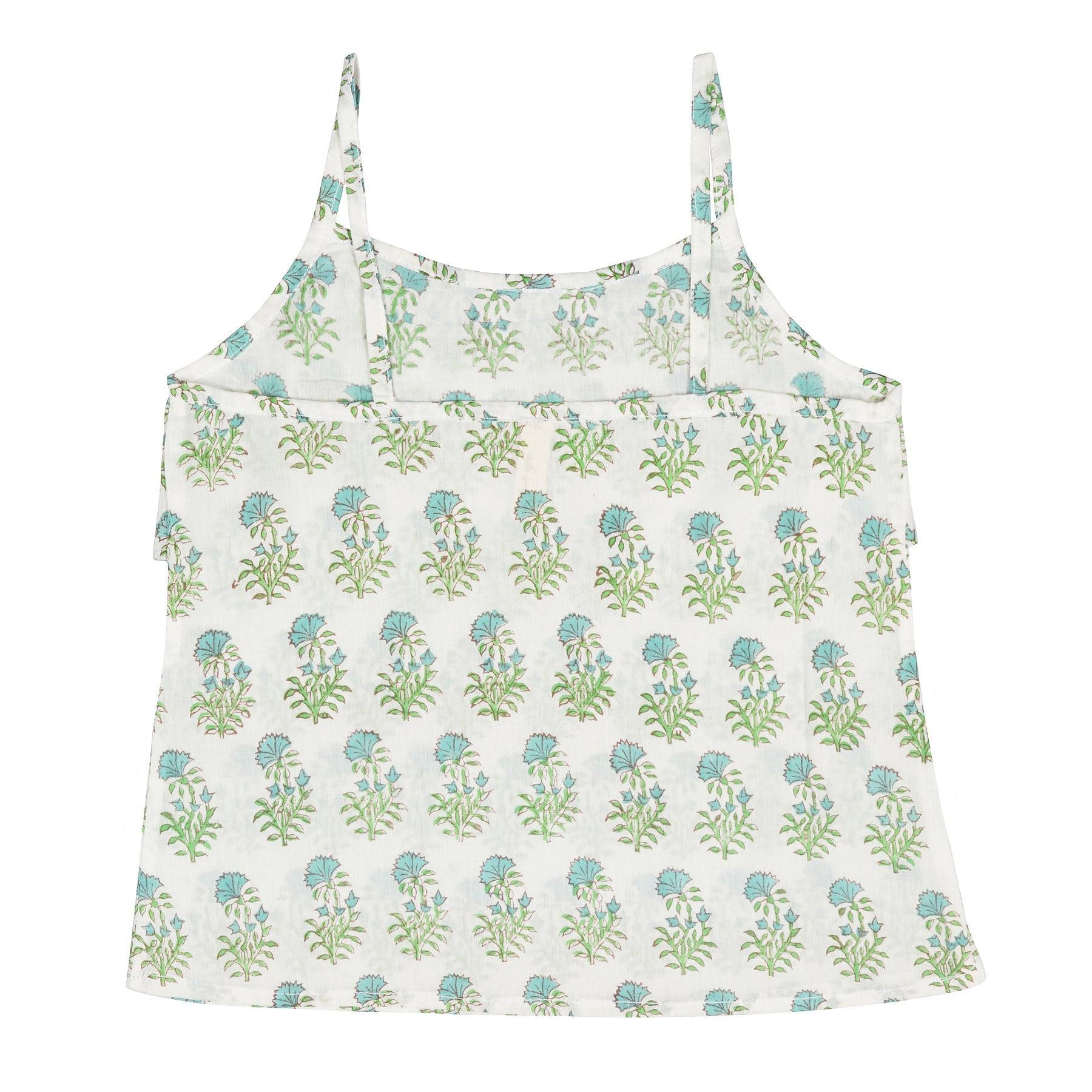 IKEDA DESIGNS GREEN BUTI PRINT SPAGHETTI TOP - WHITE & GREEN - Totdot