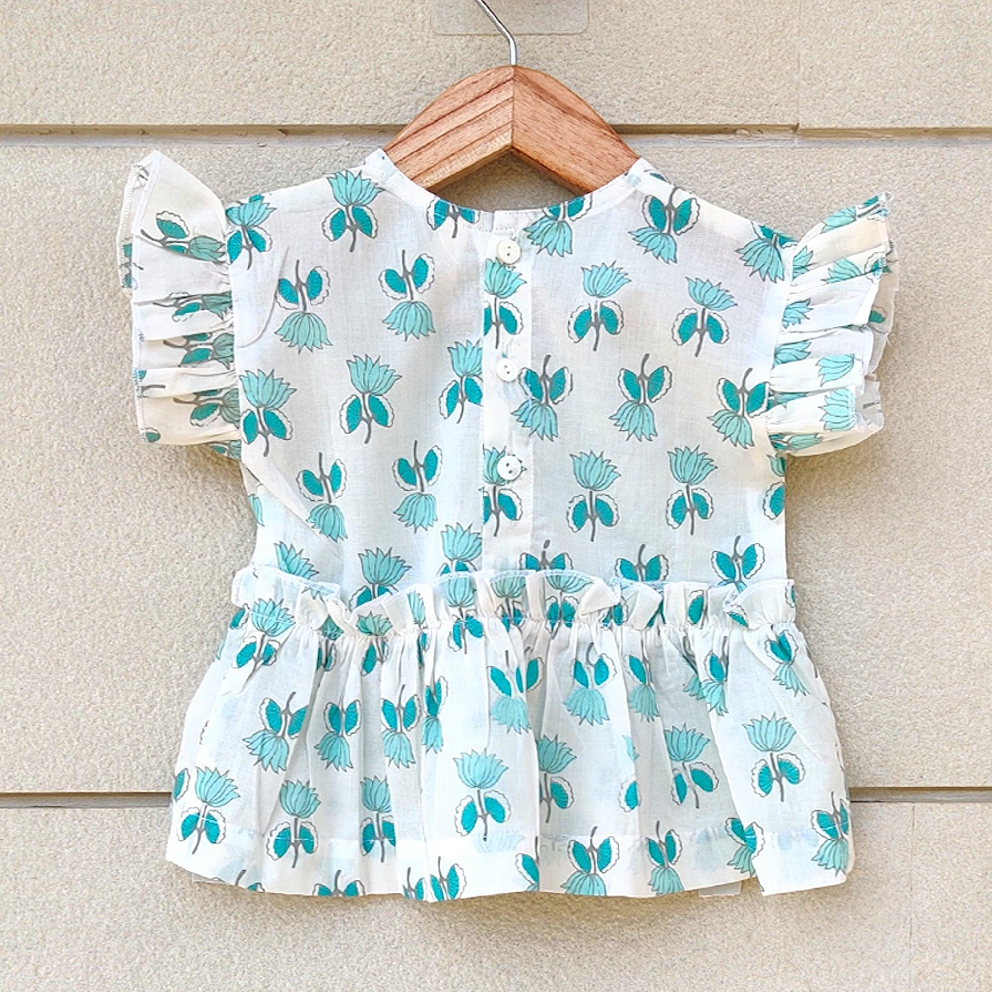 Ikeda Designs Lotus Print Ruffled Sleeve Top - White & Teal - Totdot