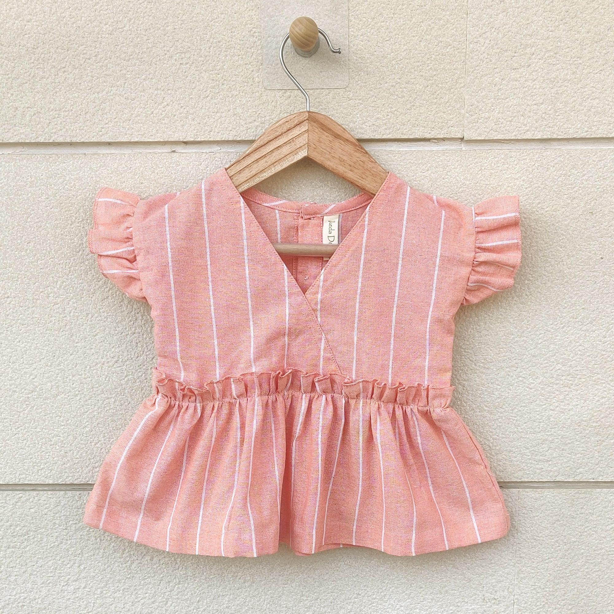 Ikeda Designs Stripe Print Ruffled Sleeve Top - Peach - Totdot