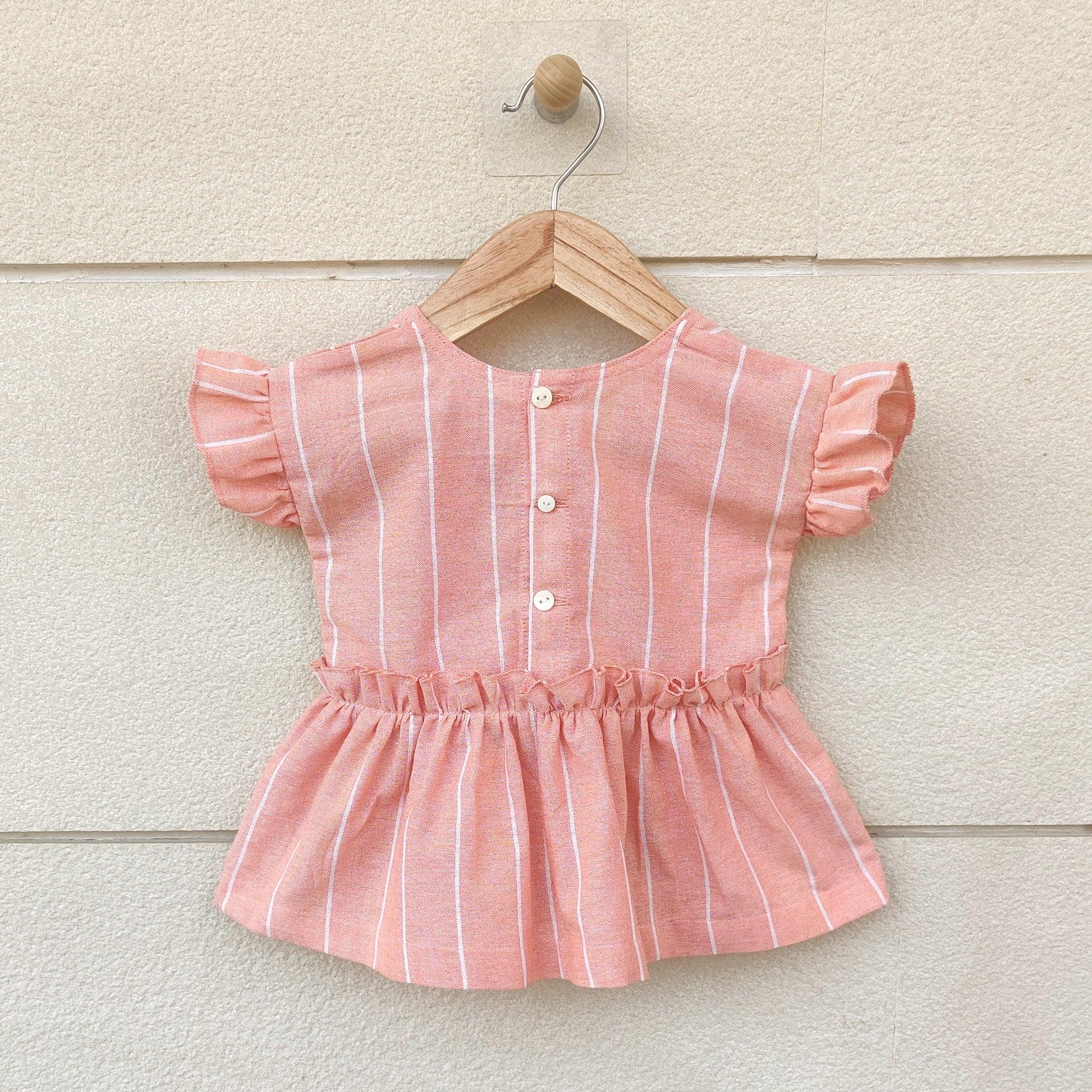 Ikeda Designs Stripe Print Ruffled Sleeve Top - Peach - Totdot