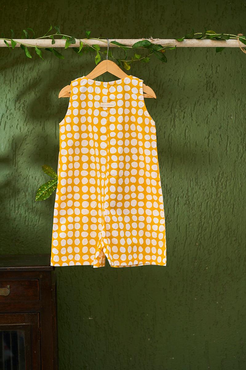 Innocence’ kids jumpsuit in yellow polka hand block print cotton for boys and girls - Totdot