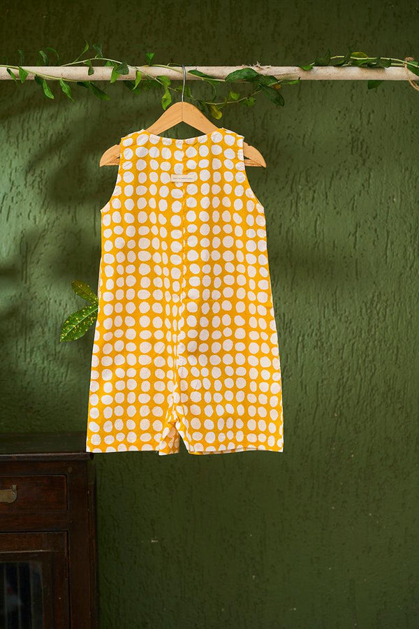 Innocence’ kids jumpsuit in yellow polka hand block print cotton for boys and girls - Totdot