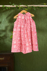 Kin’ halterneck girls dress in pink floral hand block print cotton - Totdot