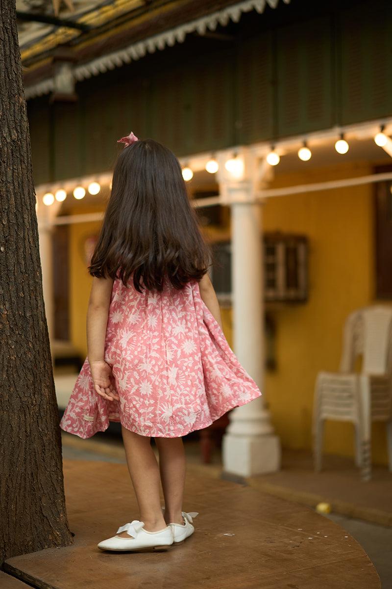 Kin’ halterneck girls dress in pink floral hand block print cotton - Totdot