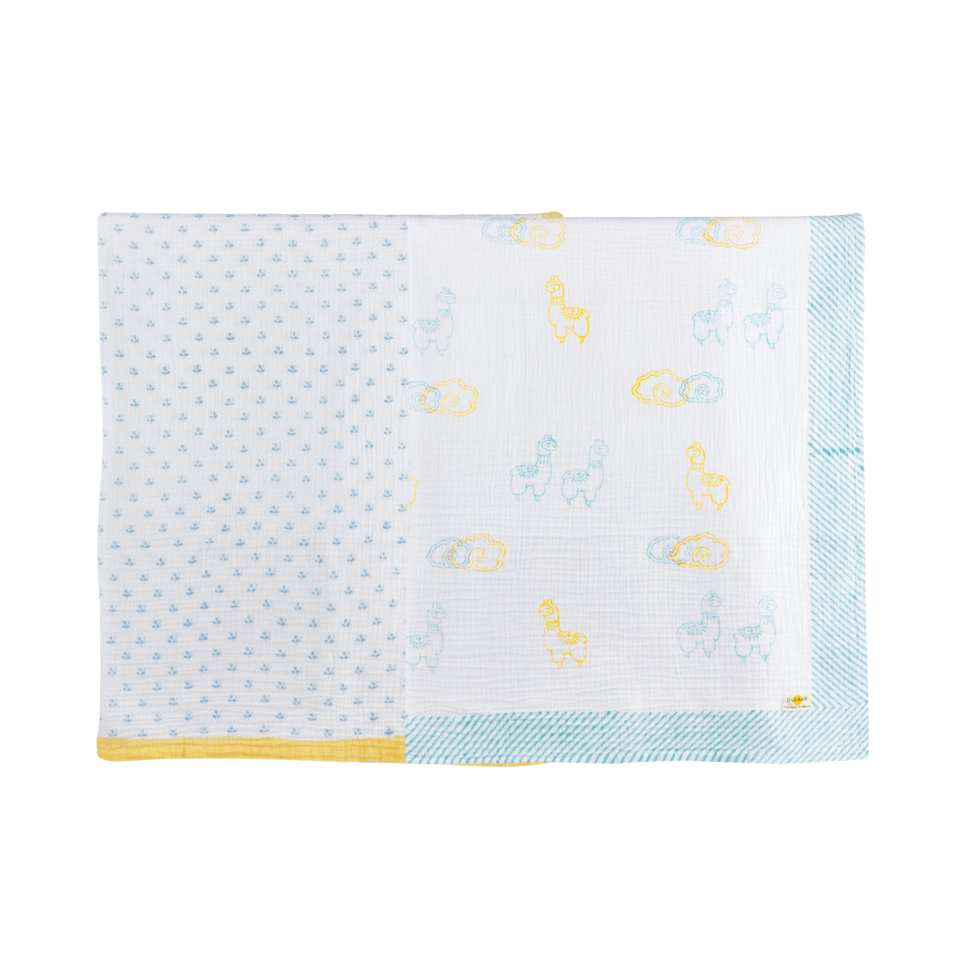 Llama Love+Flower From Sanganer Organic Muslin Swaddle (Hand-Block Printed) (Set Of 2) - Totdot