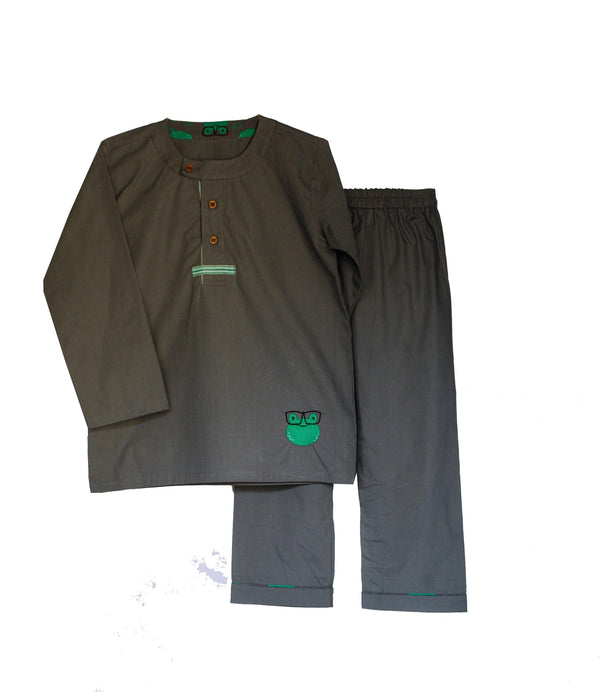 Loungewear - Hippity Hop Froggy - Flat Collar - Grey (Plain Bottom & Top with Embroidery) - Totdot