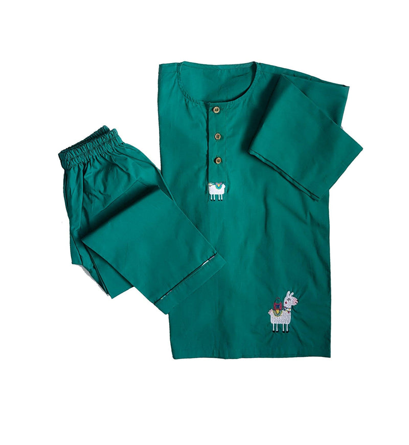 Loungewear- Lazy Lama - Round neck- green (Plain Bottom & Top with Embroidery) - Totdot
