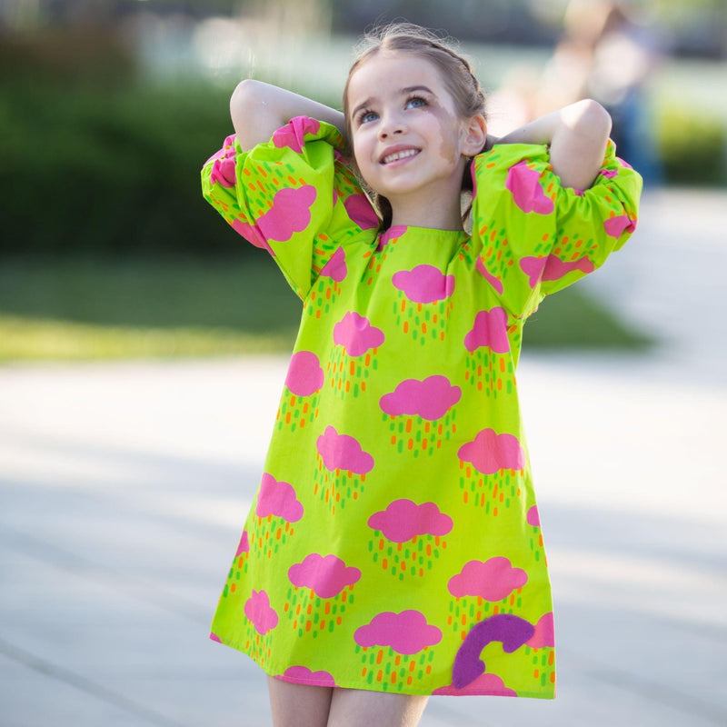 Meringue- Puffed Sleeve Neon Green Dress with Pink Clouds for Girls - Totdot