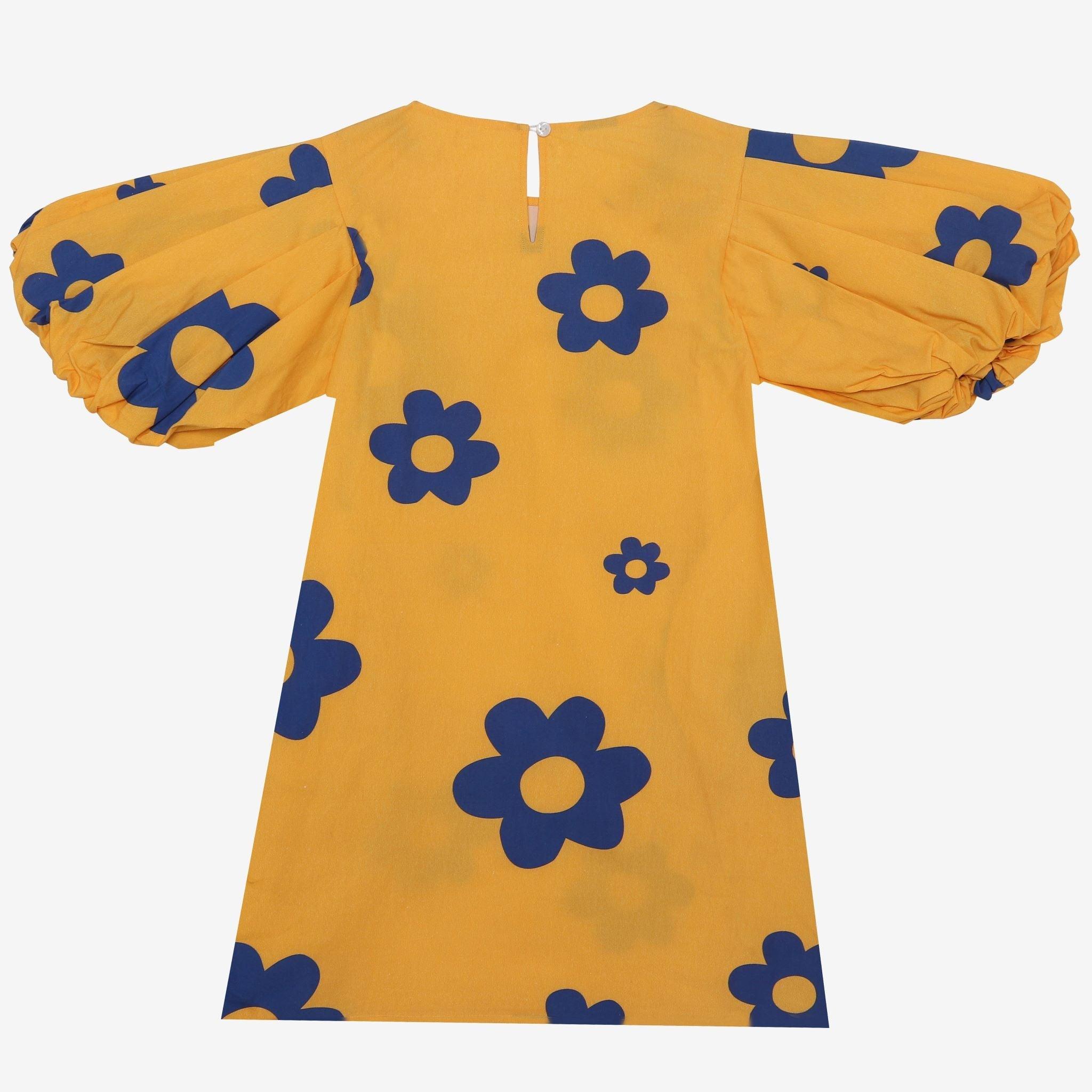 Meringue- Puffed Sleeves Yellow Dress with Blue Flowers for Girls - Totdot