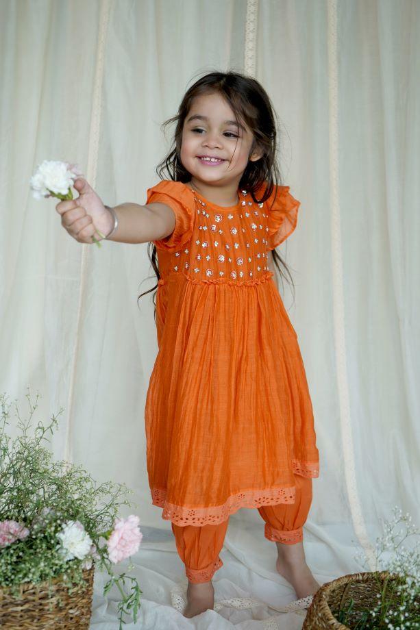 Orange Zinnia Chanderi Frock Style kurta Set For Girls - Totdot