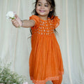Orange Zinnia Chanderi Frock Style kurta Set For Girls