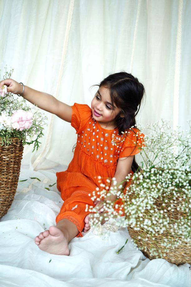 Orange Zinnia Chanderi Frock Style kurta Set For Girls - Totdot