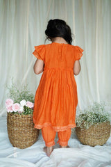Orange Zinnia Chanderi Frock Style kurta Set For Girls - Totdot