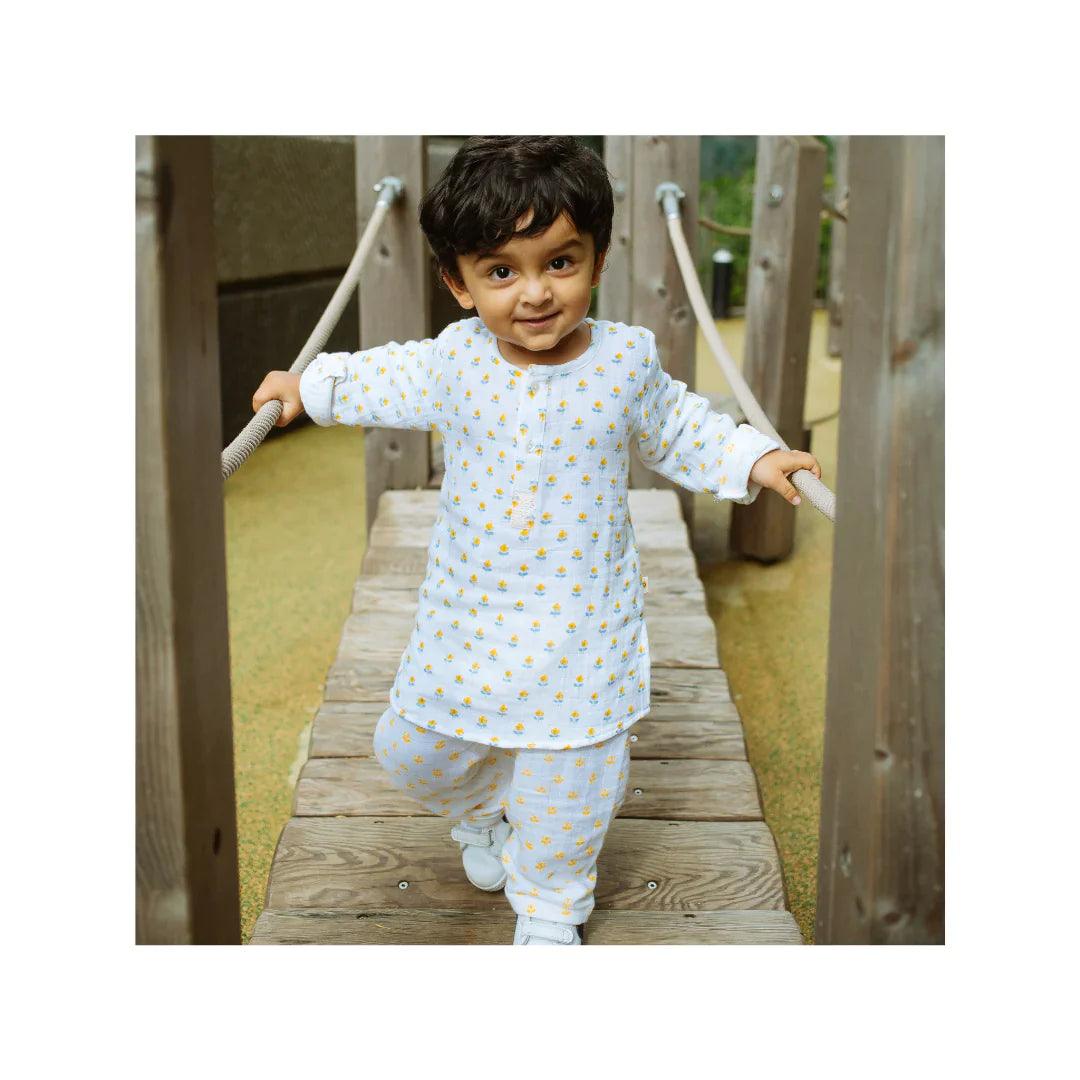 Organic Muslin Kurta Pyjama Set | Hand-Block Printed - Lotus Blooms - Totdot