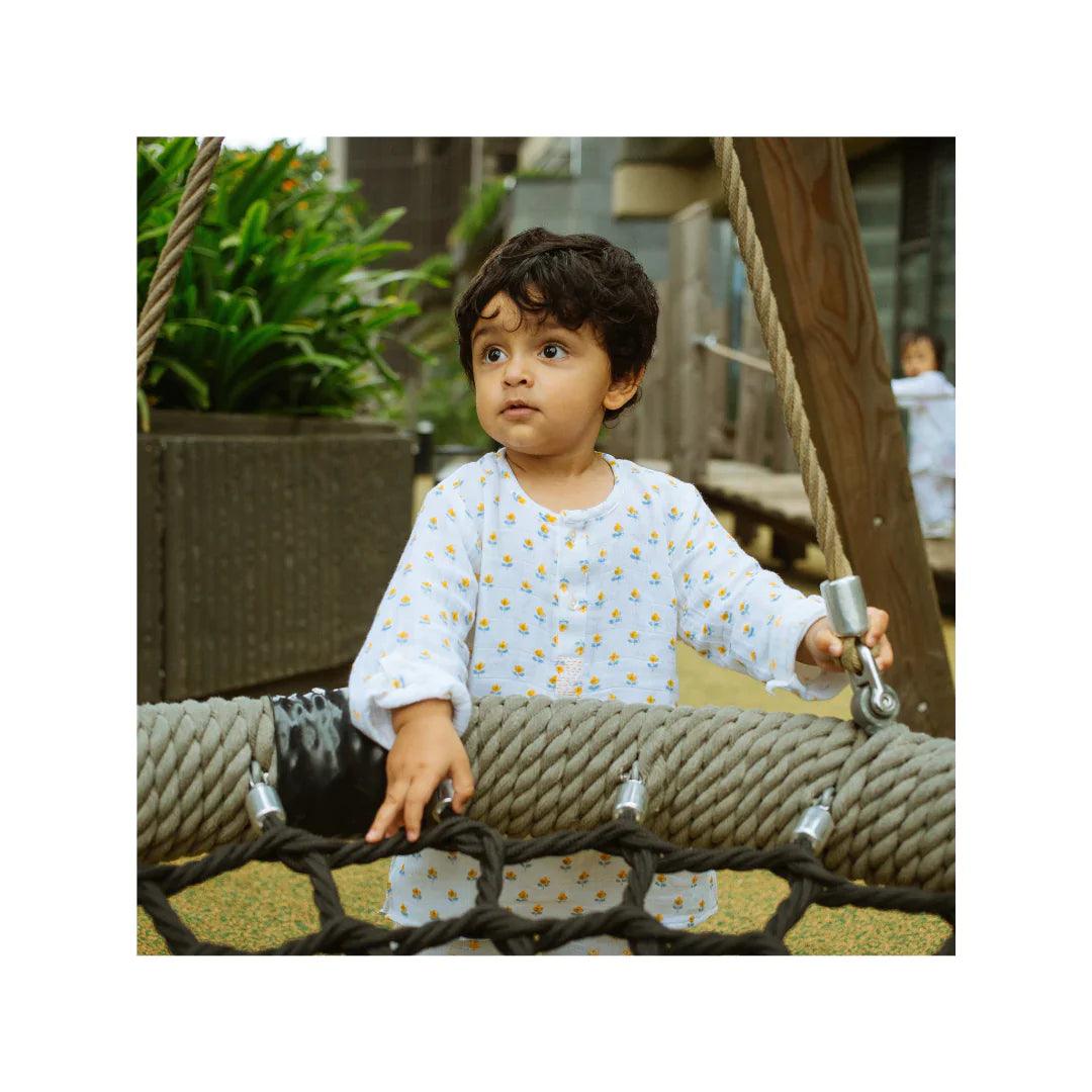 Organic Muslin Kurta Pyjama Set | Hand-Block Printed - Lotus Blooms - Totdot