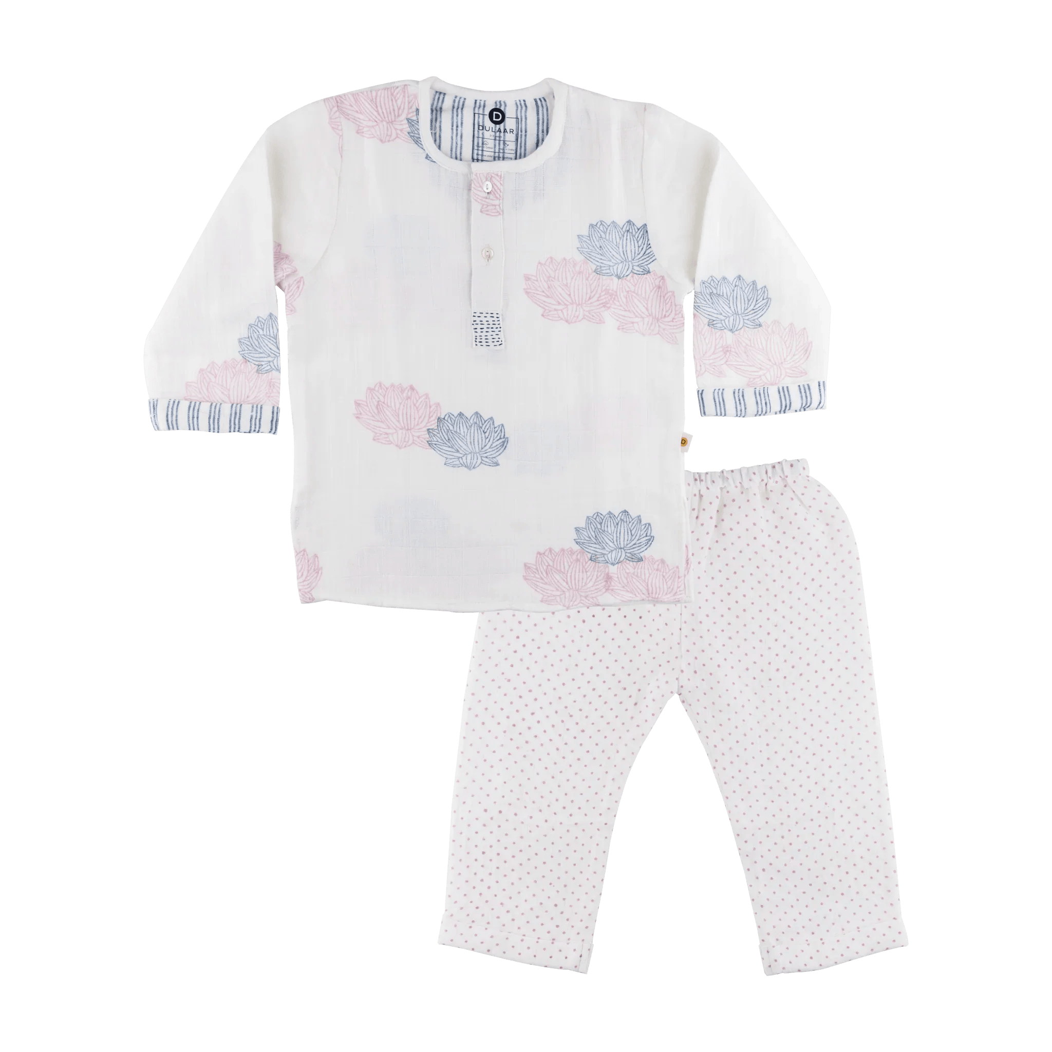 Organic Muslin Kurta Pyjama Set | Hand-Block Printed - Lotus Blooms - Totdot