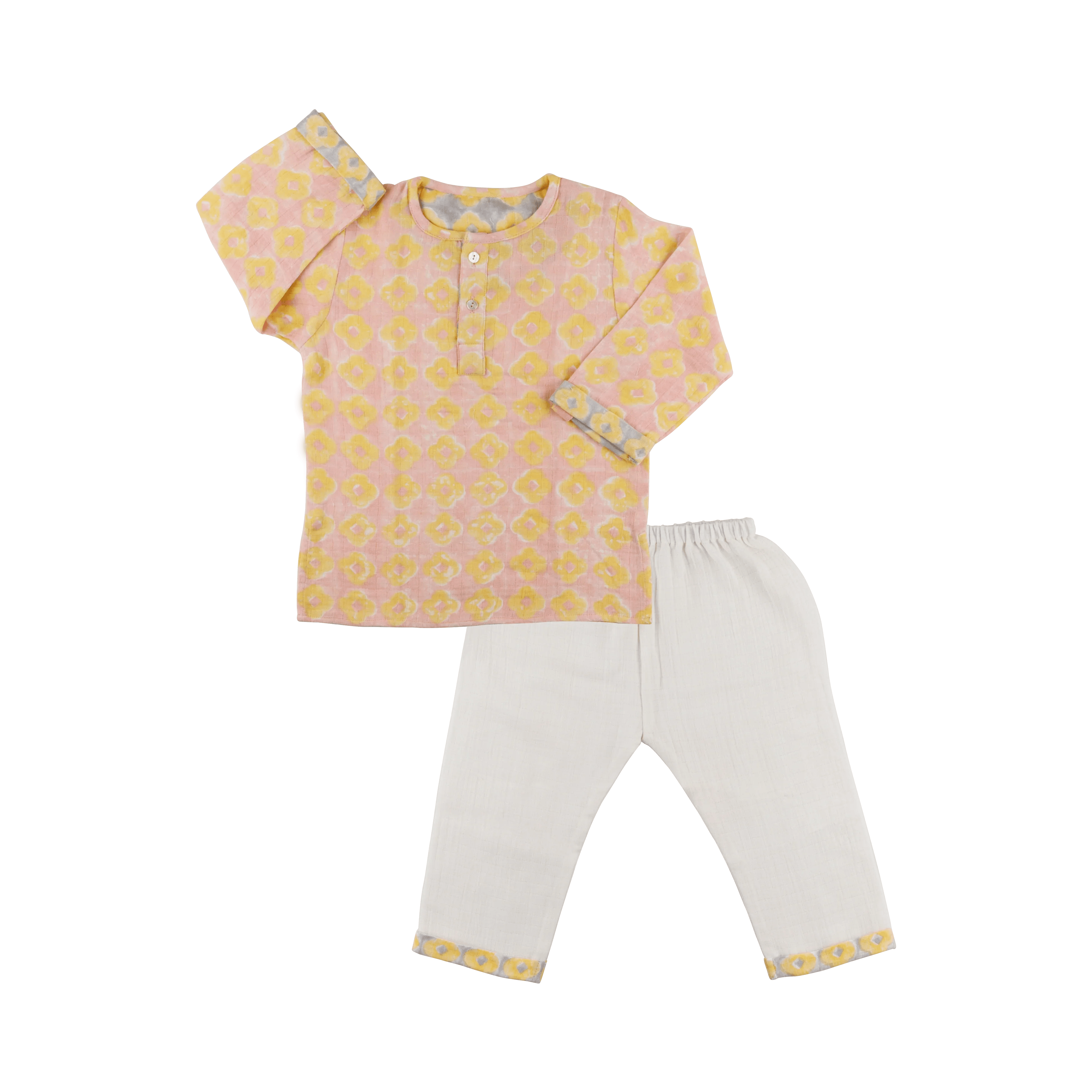 Organic Muslin Kurta Pyjama Set | Hand-Block Printed - Lotus Blooms - Totdot