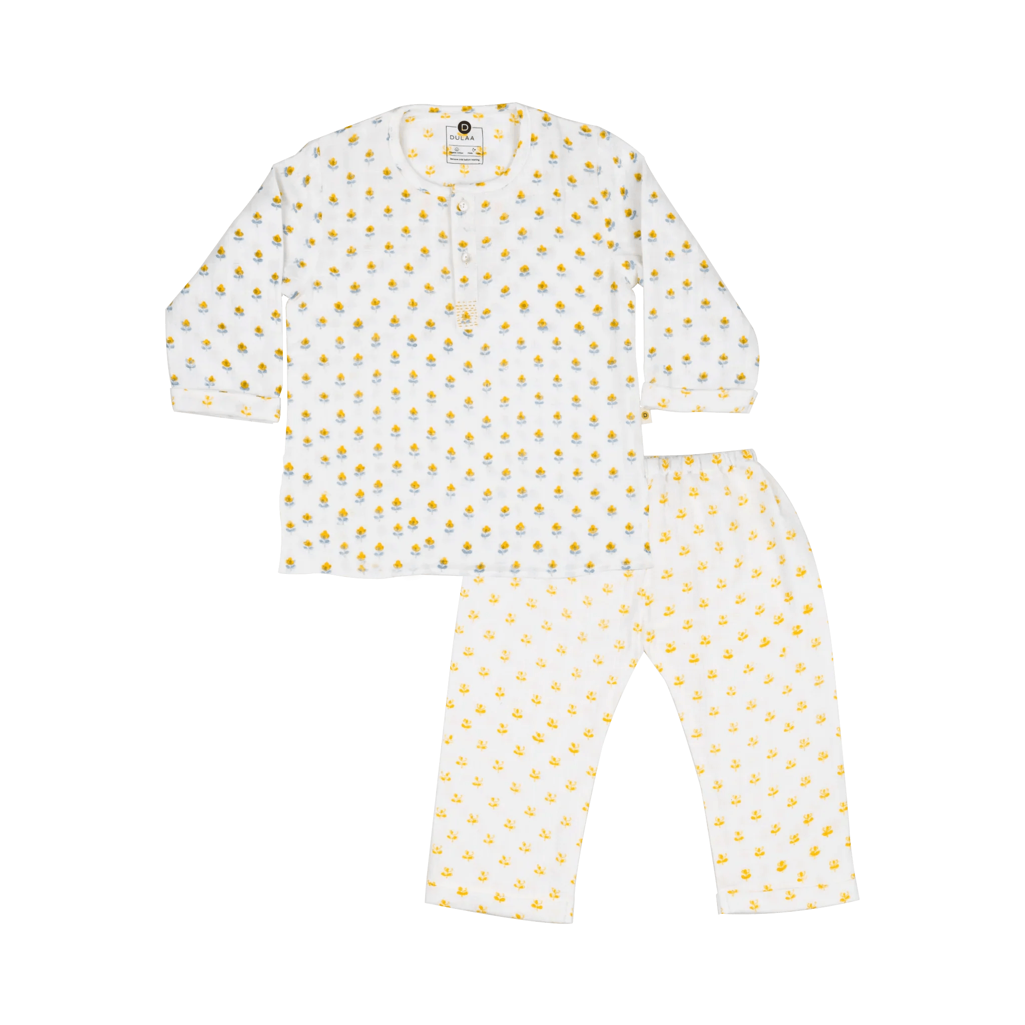 Organic Muslin Kurta Pyjama Set | Hand-Block Printed - Lucky Clover Grey - Totdot