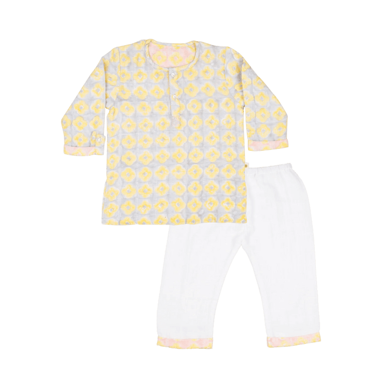 Organic Muslin Kurta Pyjama Set | Hand-Block Printed - Lucky Clover Grey - Totdot