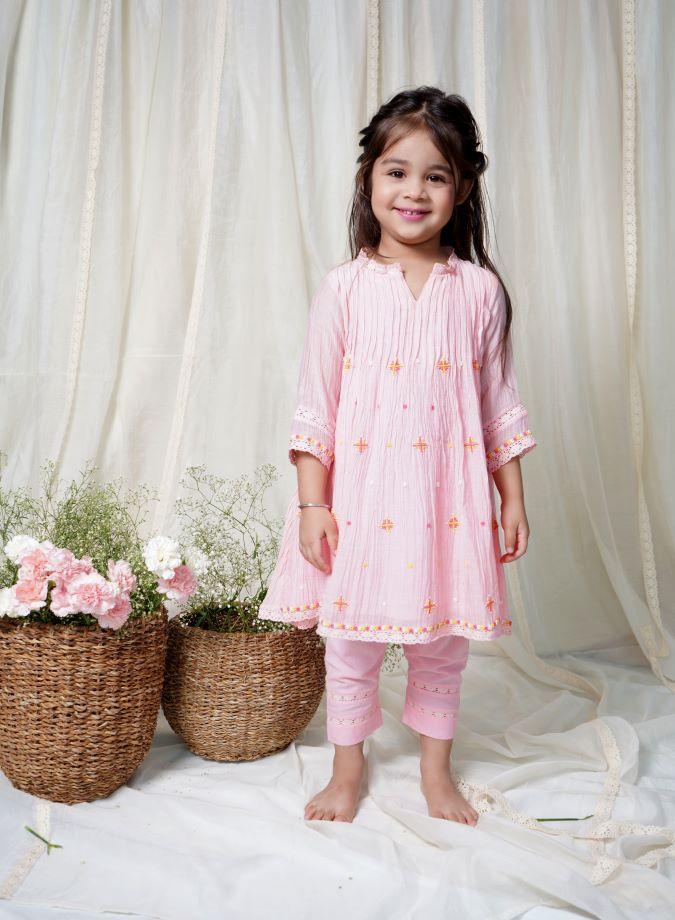 Pink Dew Drops Kurta Set For Girls - Totdot