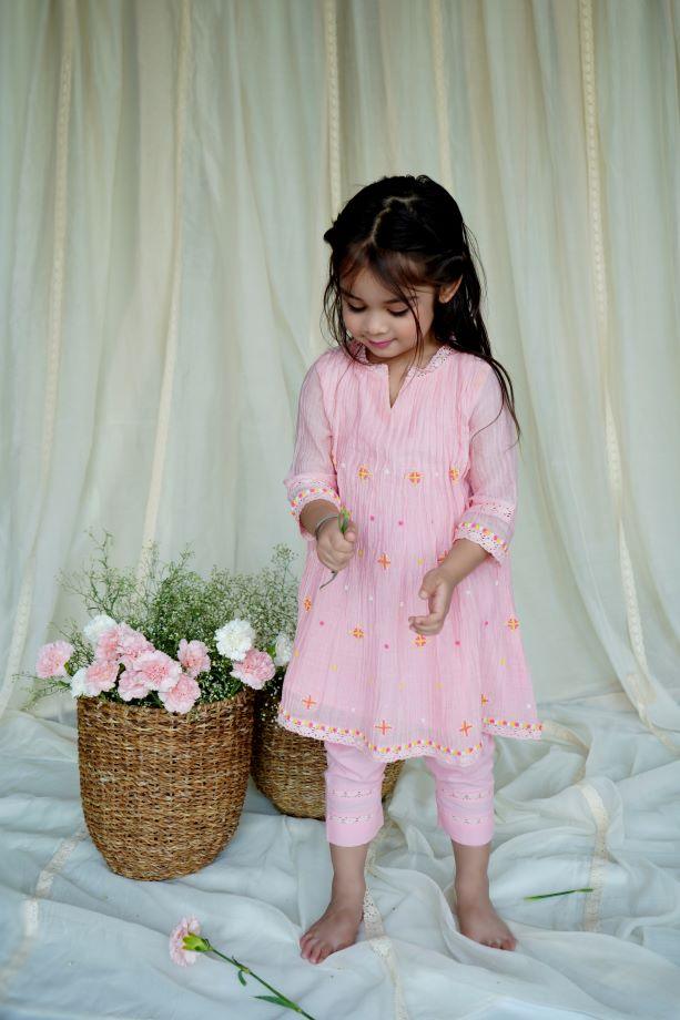 Pink Dew Drops Kurta Set For Girls - Totdot