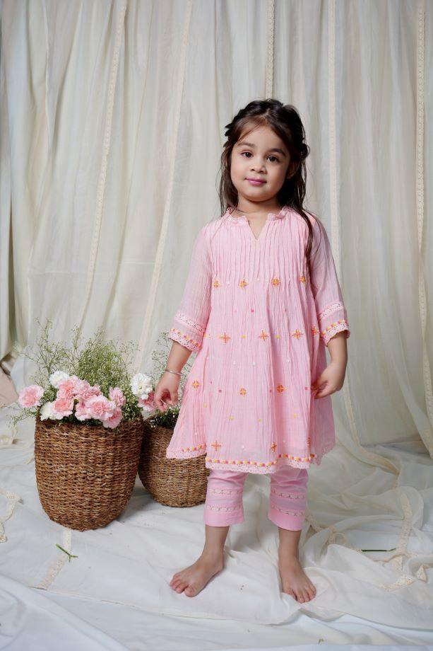 Pink Dew Drops Kurta Set For Girls - Totdot