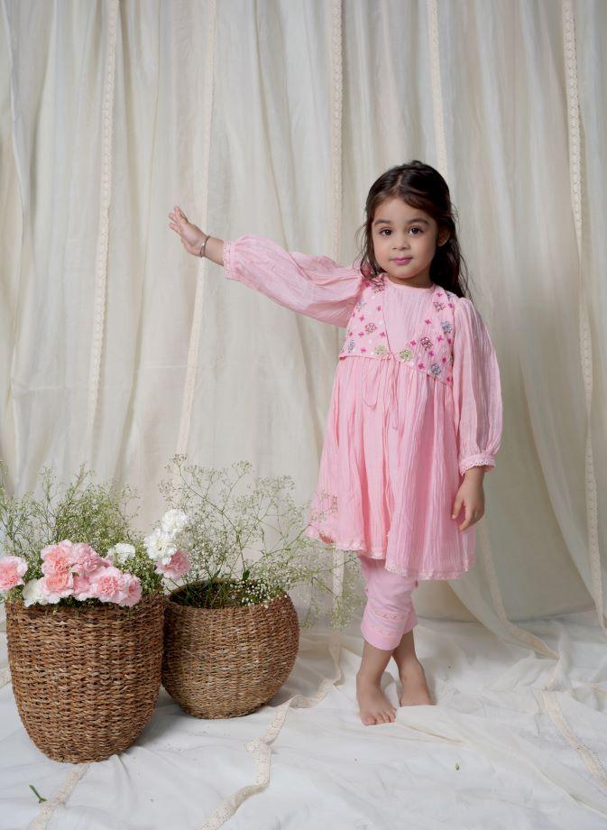 Pink Peony Faux Jacket Kurta Set For Girls - Totdot