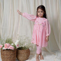 Pink Peony Faux Jacket Kurta Set For Girls