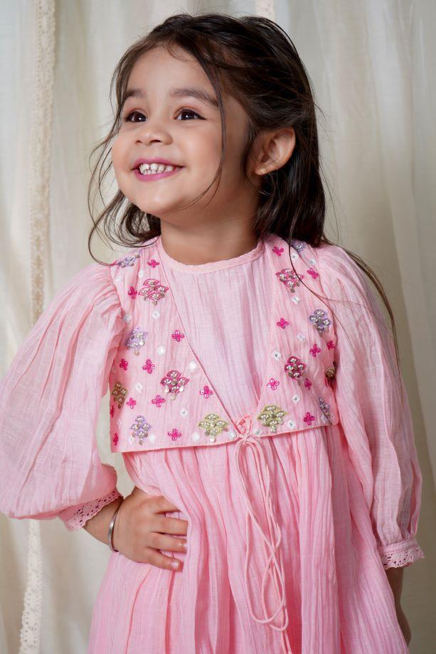 Pink Peony Faux Jacket Kurta Set For Girls - Totdot