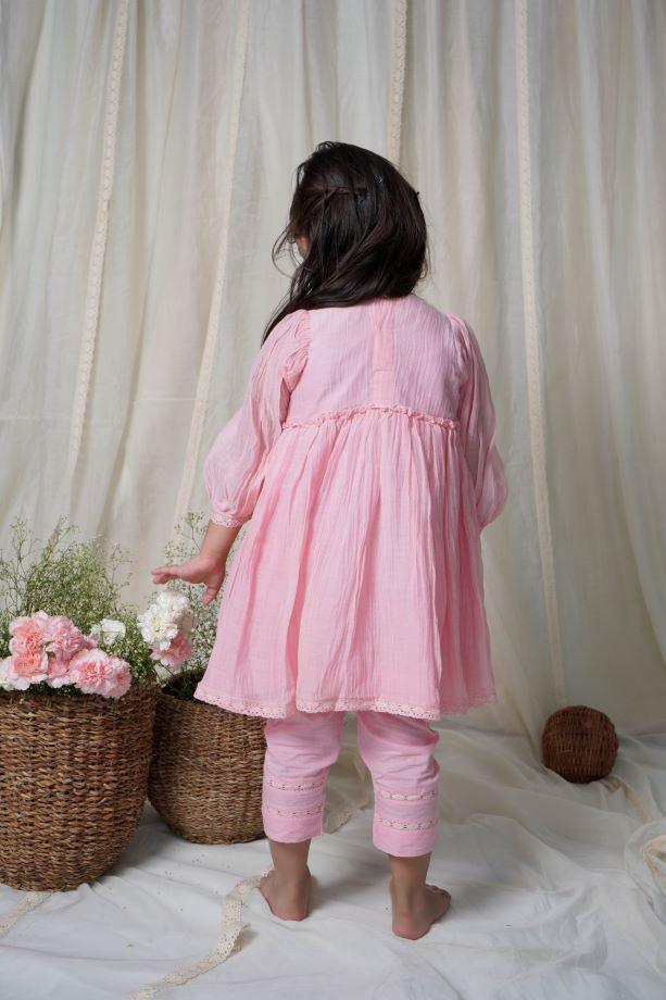 Pink Peony Faux Jacket Kurta Set For Girls - Totdot
