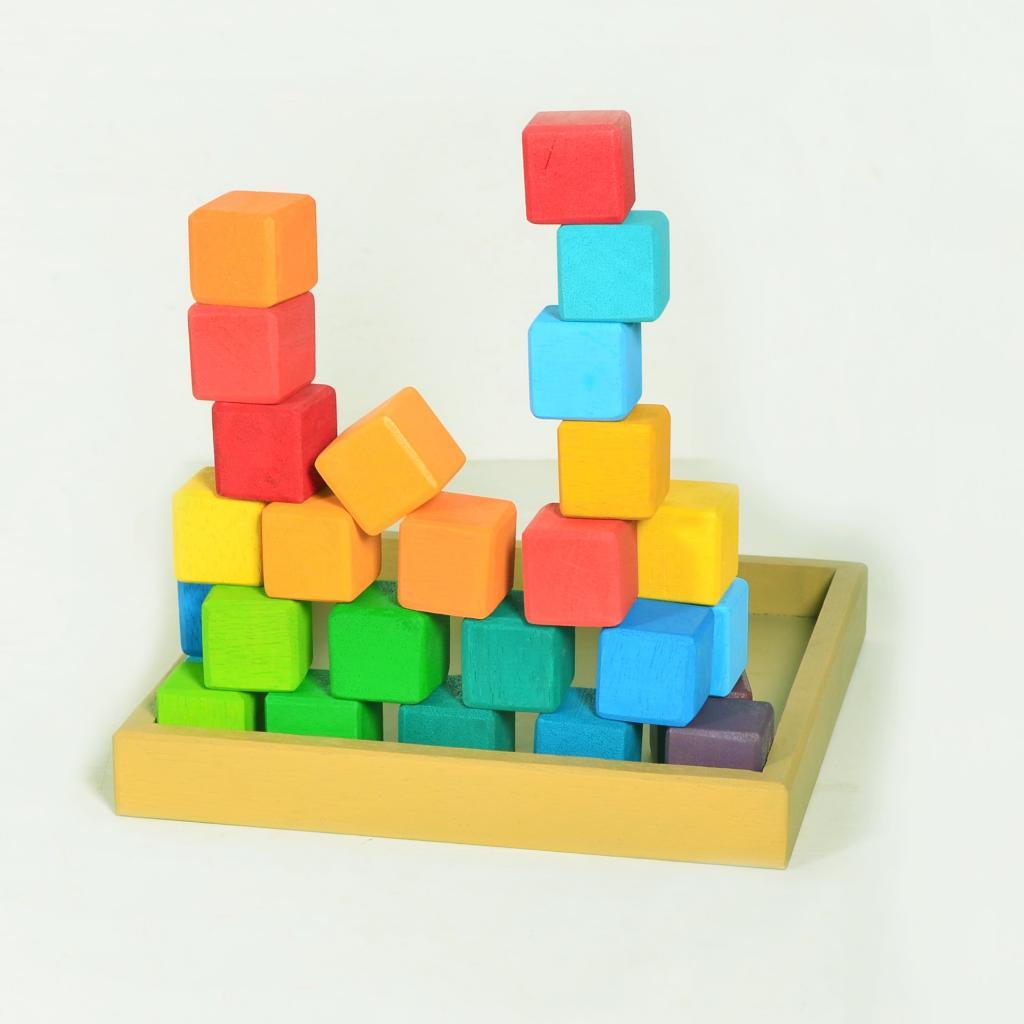 Rainbow Wooden Cube Building Blocks - 36 Squares - Totdot