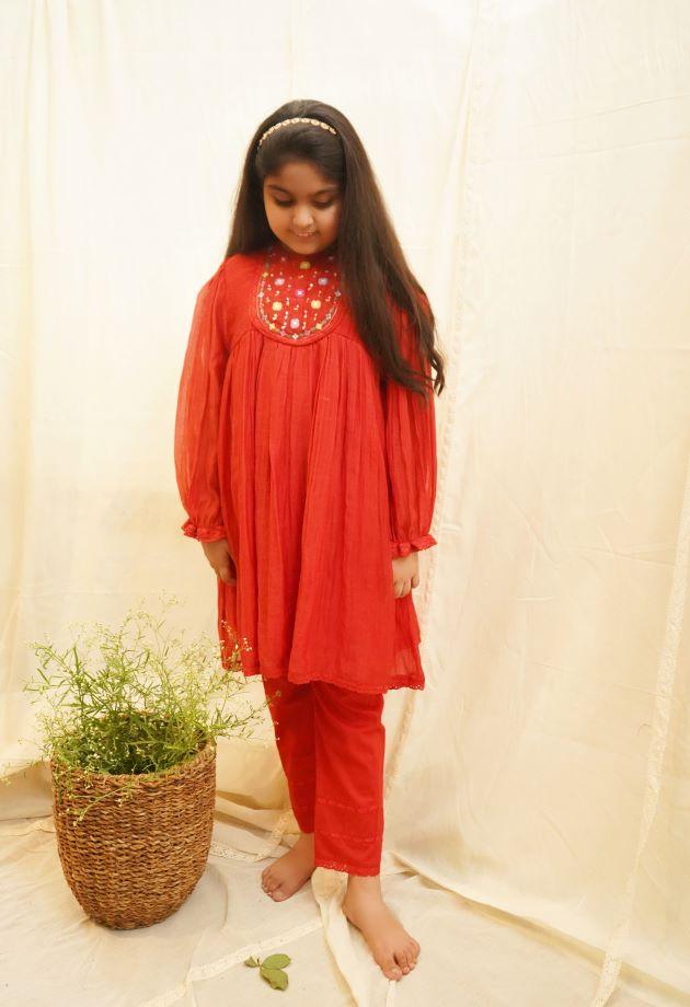 Red Poppy Kurta Set For Girls - Totdot