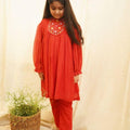 Red Poppy Kurta Set For Girls
