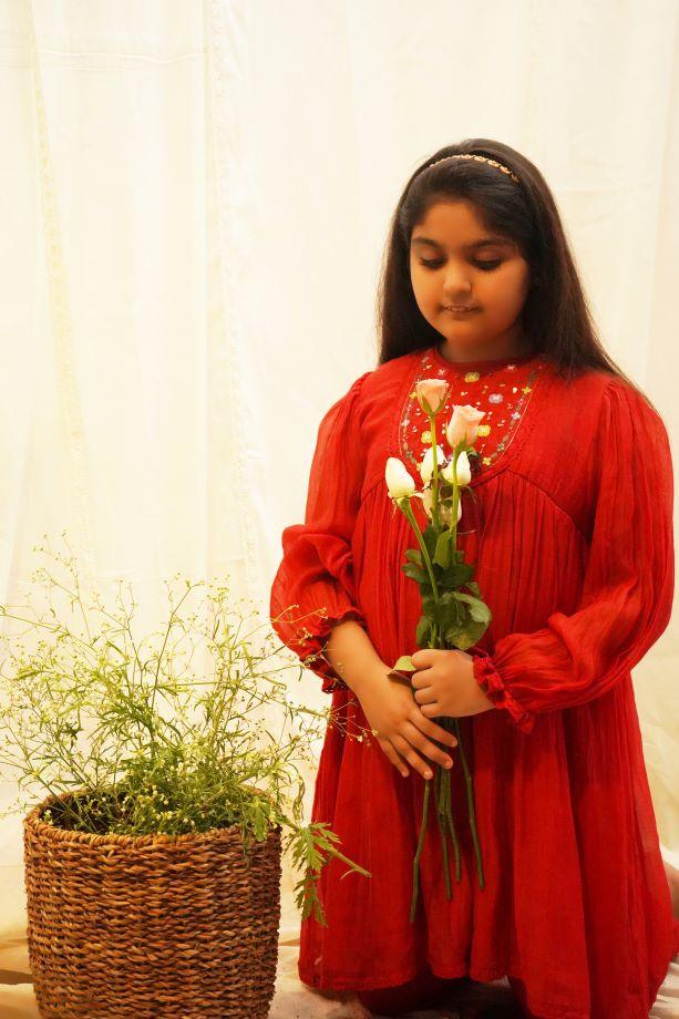 Red Poppy Kurta Set For Girls - Totdot