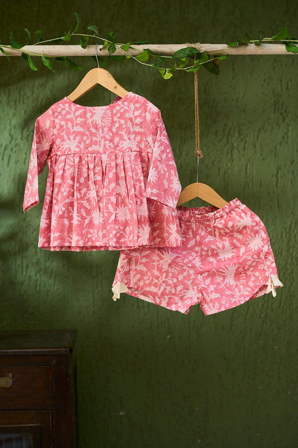 Scent of flowers’ girls coord set in pink floral hand block print cotton - Totdot