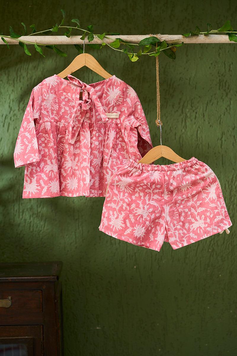 Scent of flowers’ girls coord set in pink floral hand block print cotton - Totdot