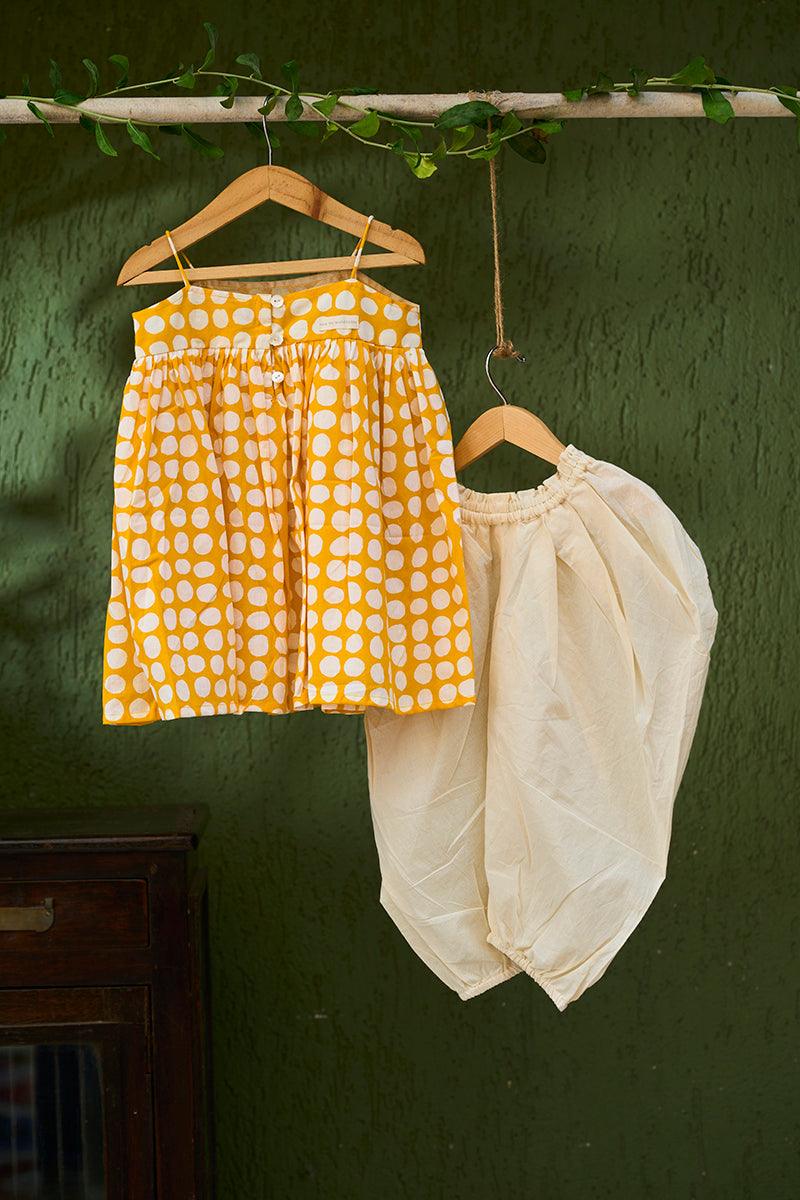 Set of 2- ‘Friendship’ girls kurta coord set in yellow polka hand block print and dhoti pant - Totdot