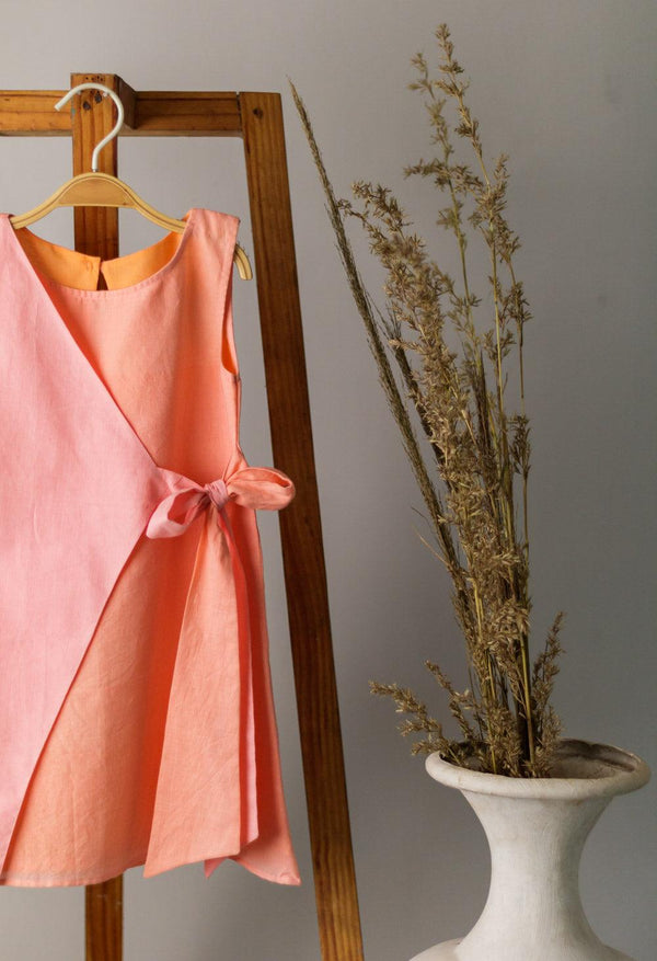 Shades of Sweetness- Girls Hand-loomed Cotton Peach & Pink Wrap Dress - Totdot